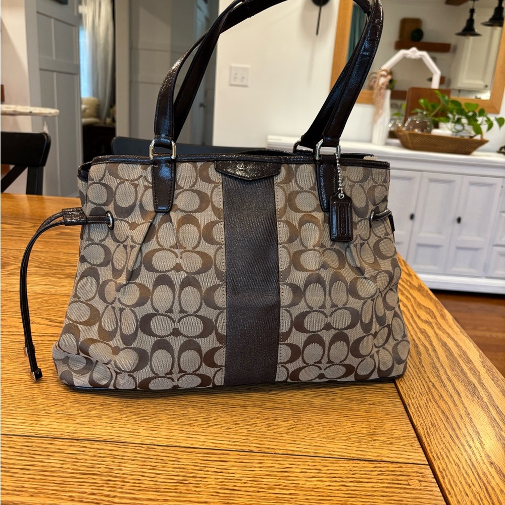Coach Brown and Black Signature Shoulder Bag